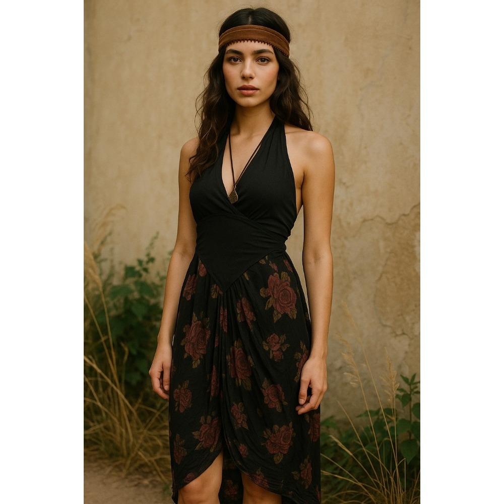 VTG Karen Alexander Black Floral Halter Dress Ruched‎ Tulip Hem Sleeveless sz 10